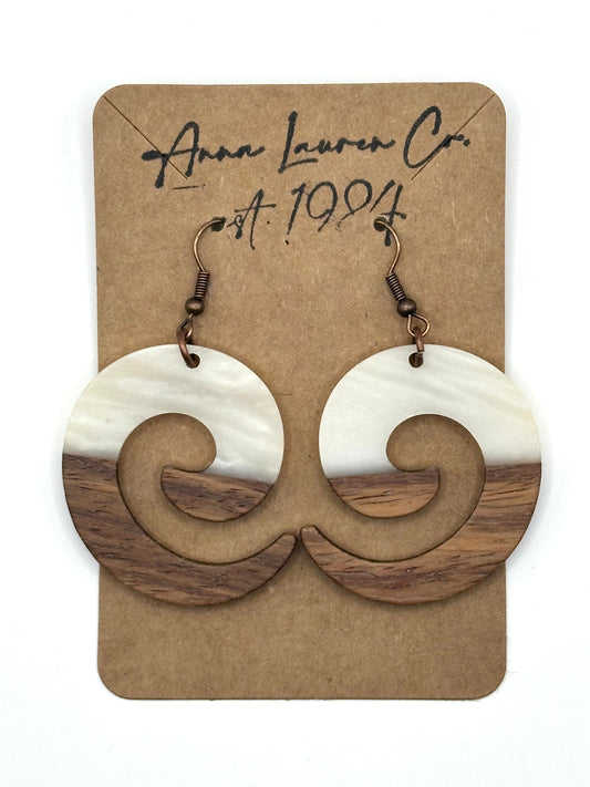 Cream Resin and Walnut wood spiral earrings