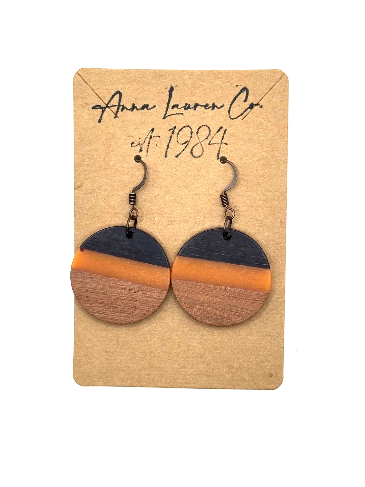 Black, orange and walnut wood circle earrings