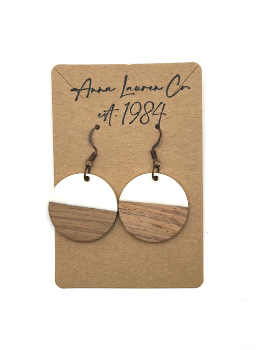 White resin and walnut wood earrings
