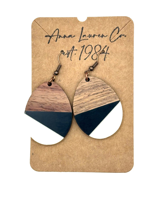 Black and white resin and Walnut wood earrings