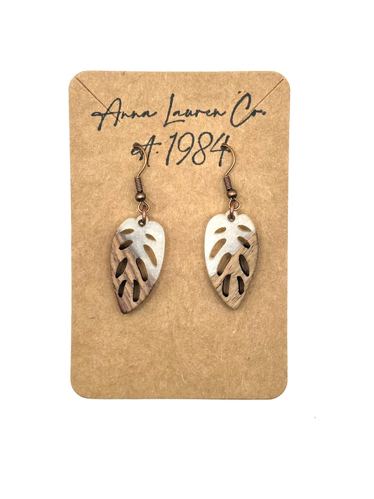 Resin and walnut wood monstera leaf earrings
